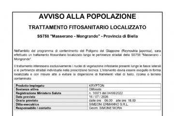 Avviso alla popolazione: effettuazione trattamento fitosanitario localizzato SS 758 “Masserano – Mongrando” – 16/07/2026